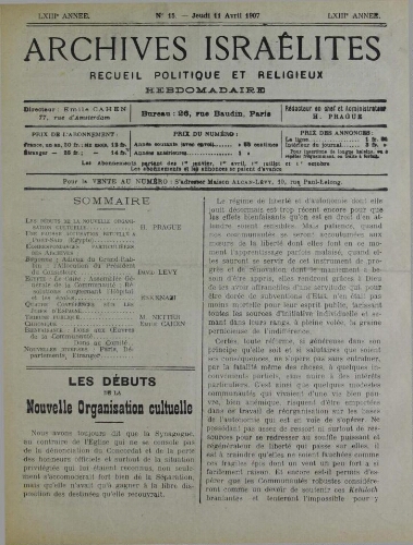 Archives israélites de France. Vol.68 N°15 (11 avr. 1907)